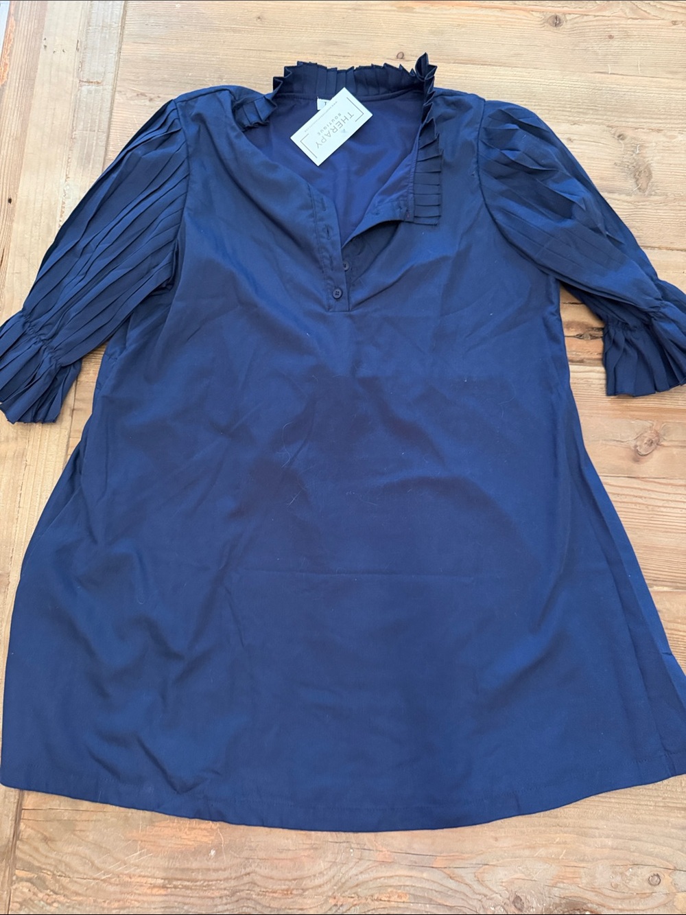 TCEC Navy Pleated-Sleeve Mini Dress